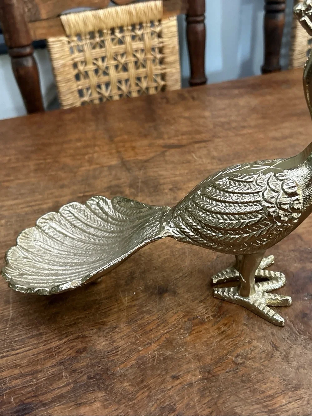 Vintage Gold Brass Peacock Trinket Dish MCM Jewelry Holder, 10x8.5x5 Inches